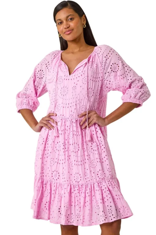 Roman Pink Cotton Broderie Tiered Smock Dress