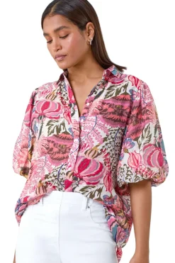 Roman Pink Floral Leaf Print Puff Sleeve Shirt