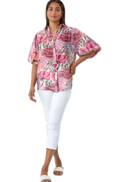 Roman Pink Floral Leaf Print Puff Sleeve Shirt