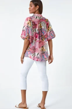 Roman Pink Floral Leaf Print Puff Sleeve Shirt