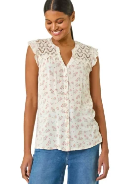 Roman Pink Floral Print Lace Yoke Blouse