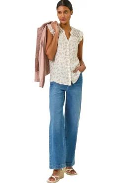 Roman Pink Floral Print Lace Yoke Blouse