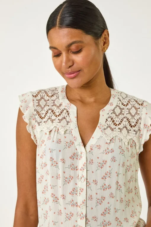 Roman Pink Floral Print Lace Yoke Blouse