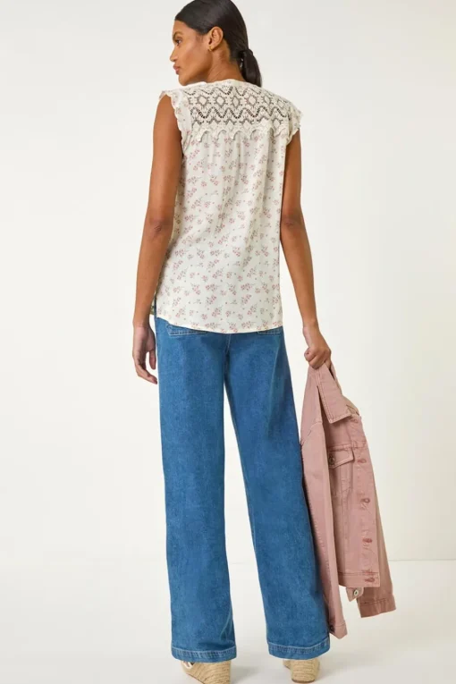 Roman Pink Floral Print Lace Yoke Blouse