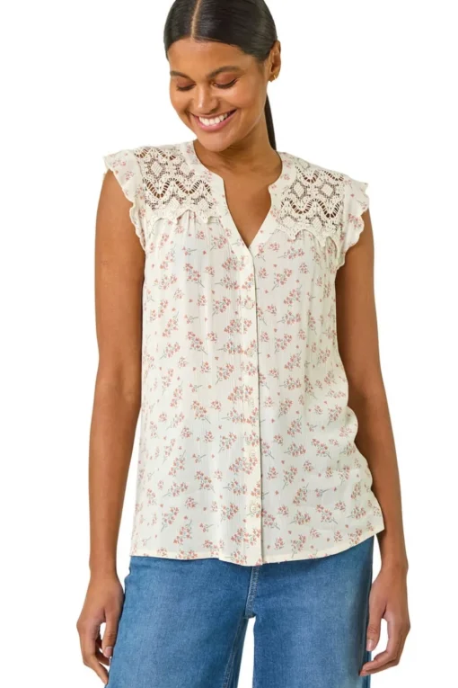 Roman Pink Floral Print Lace Yoke Blouse