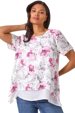 Roman Pink Floral Print Layered Tunic Top