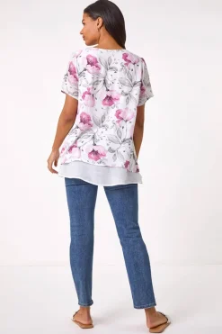Roman Pink Floral Print Layered Tunic Top