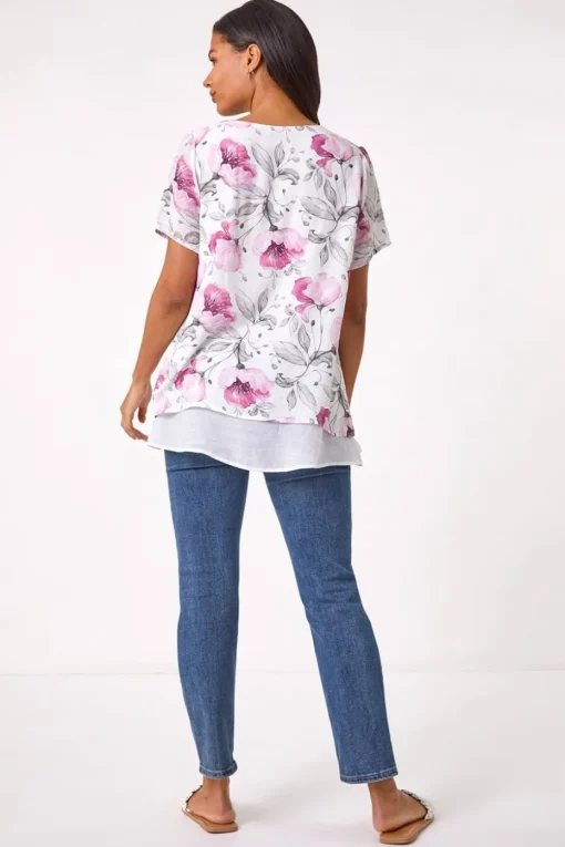 Roman Pink Floral Print Layered Tunic Top