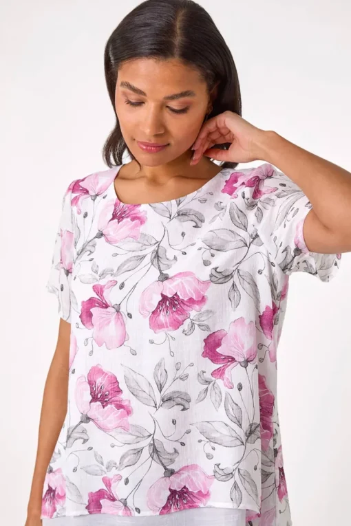 Roman Pink Floral Print Layered Tunic Top
