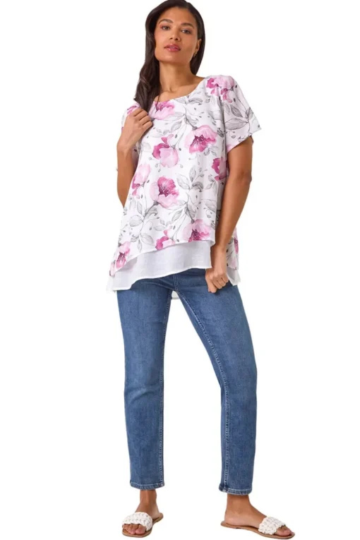 Roman Pink Floral Print Layered Tunic Top