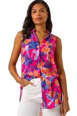 Roman Pink Floral Print Sleeveless Blouse