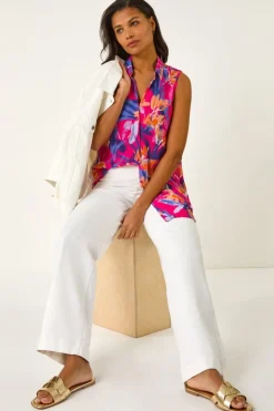 Roman Pink Floral Print Sleeveless Blouse