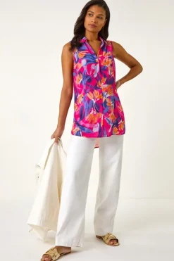 Roman Pink Floral Print Sleeveless Blouse