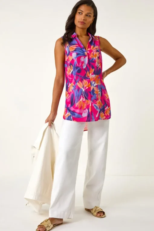 Roman Pink Floral Print Sleeveless Blouse