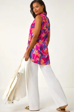 Roman Pink Floral Print Sleeveless Blouse