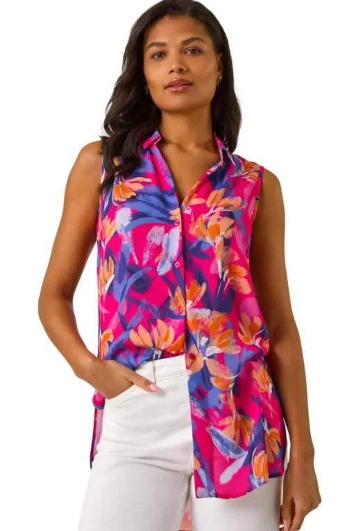 Roman Pink Floral Print Sleeveless Blouse