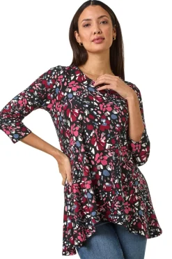 Roman Pink Floral Print Swing Stretch Tunic Top