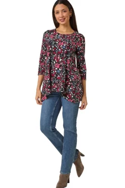 Roman Pink Floral Print Swing Stretch Tunic Top