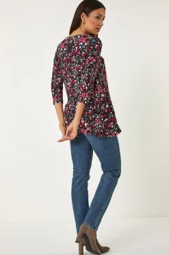 Roman Pink Floral Print Swing Stretch Tunic Top