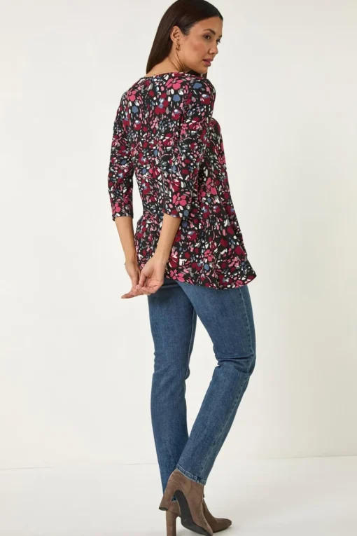 Roman Pink Floral Print Swing Stretch Tunic Top