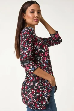 Roman Pink Floral Print Swing Stretch Tunic Top