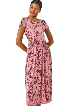 Roman Pink Floral Print Stretch Midi Dress