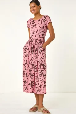 Roman Pink Floral Print Stretch Midi Dress