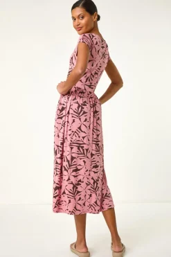 Roman Pink Floral Print Stretch Midi Dress