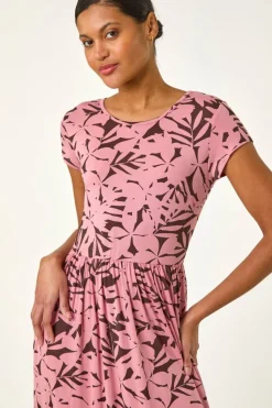 Roman Pink Floral Print Stretch Midi Dress