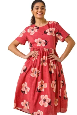 Roman Pink Floral Smock Midi Dress