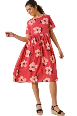 Roman Pink Floral Smock Midi Dress