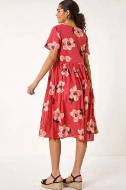 Roman Pink Floral Smock Midi Dress