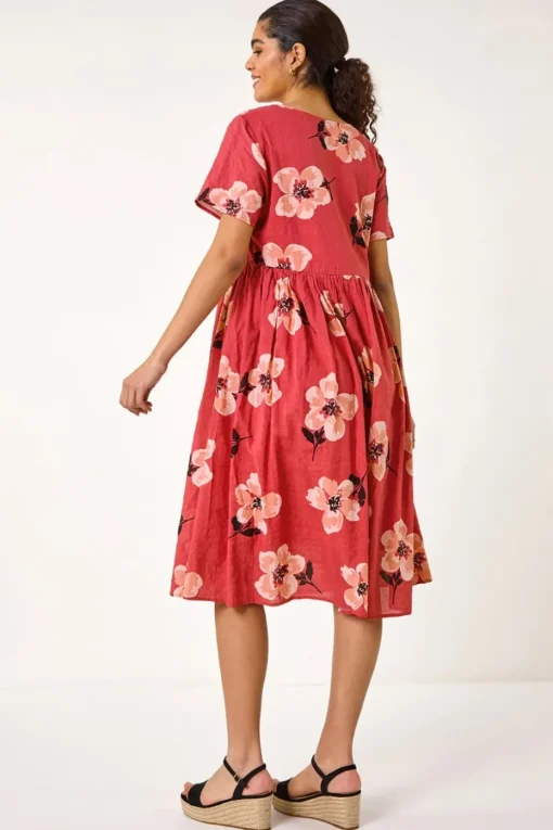 Roman Pink Floral Smock Midi Dress