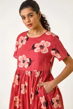 Roman Pink Floral Smock Midi Dress
