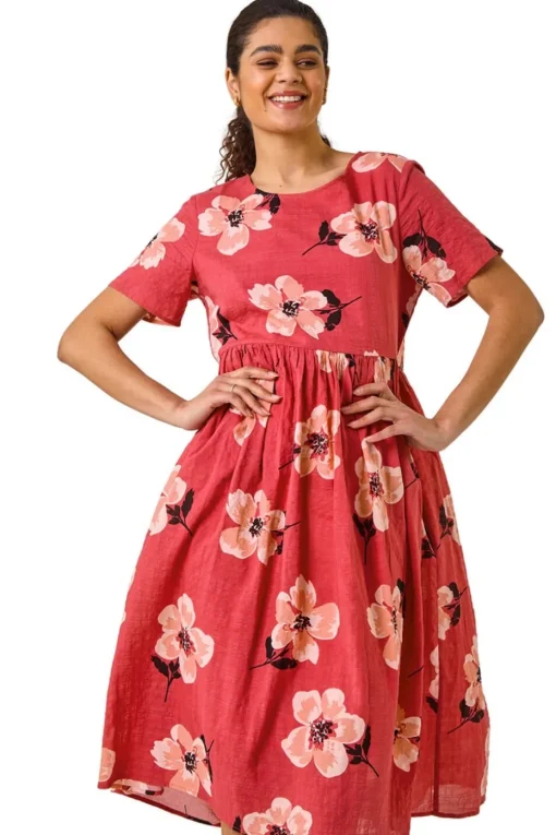 Roman Pink Floral Smock Midi Dress
