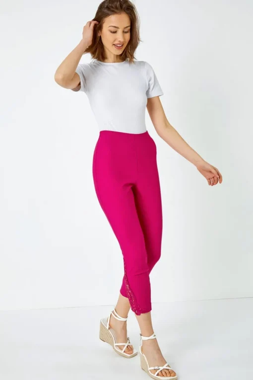 Roman Pink Lace Insert Crop Stretch Trousers