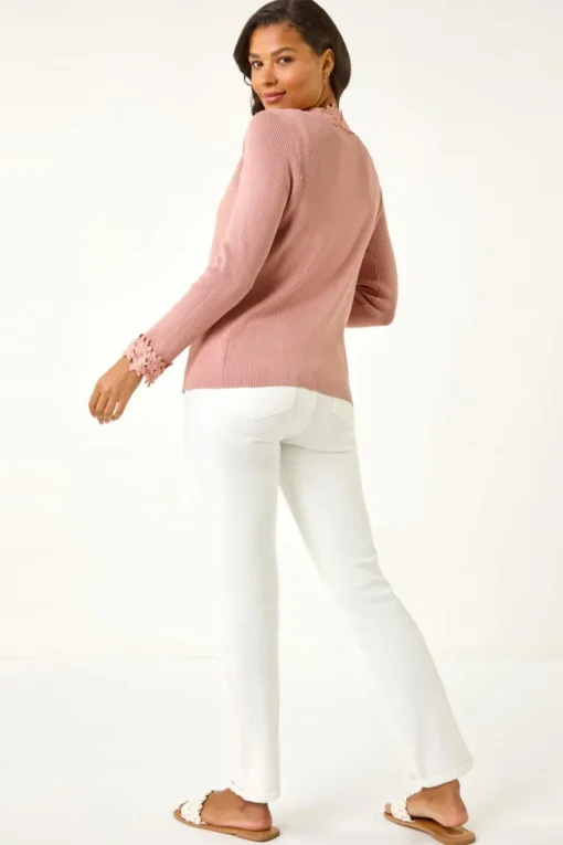 Roman Pink Lace Trim Knit Cardigan