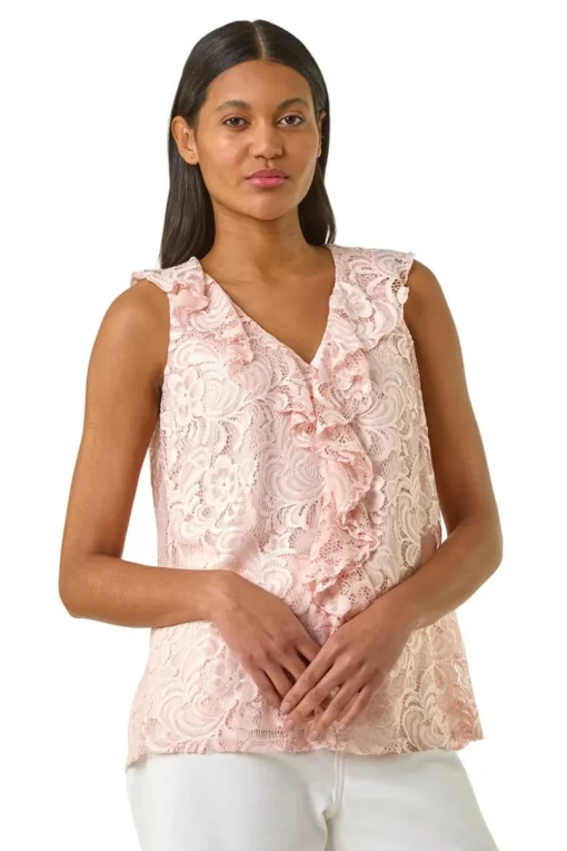 Roman Pink Lace V-Neck Ruffle Front Top