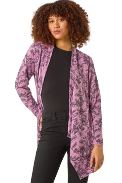 Roman Pink Linear Floral Print Gathered Cardigan