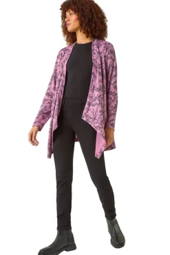 Roman Pink Linear Floral Print Gathered Cardigan
