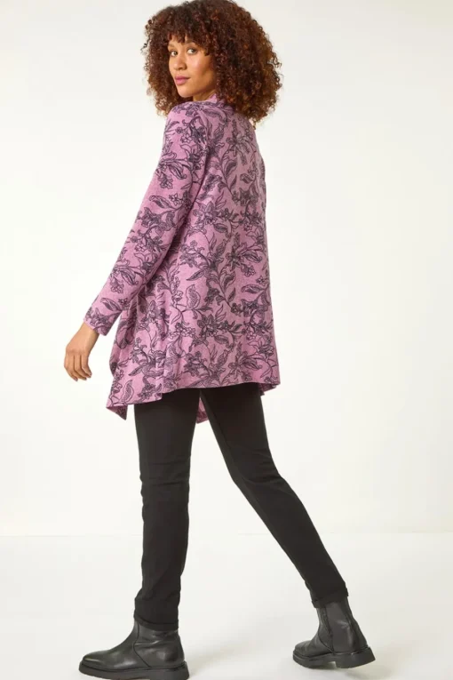 Roman Pink Linear Floral Print Gathered Cardigan