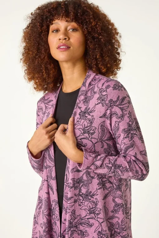 Roman Pink Linear Floral Print Gathered Cardigan
