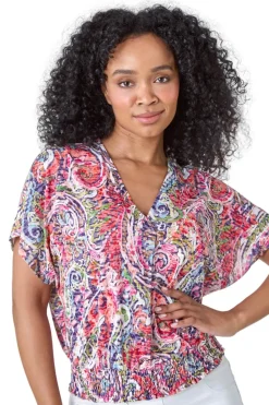 Roman Pink Petite Paisley Shirred Hem Stretch Top