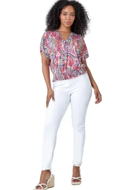 Roman Pink Petite Paisley Shirred Hem Stretch Top