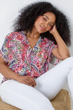 Roman Pink Petite Paisley Shirred Hem Stretch Top