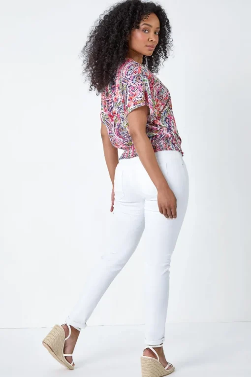 Roman Pink Petite Paisley Shirred Hem Stretch Top