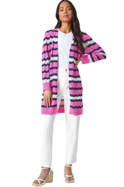 Roman Pink Petite Stripe Pointelle Knit Cardigan