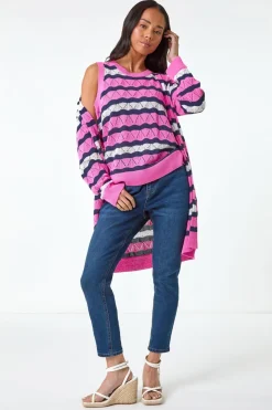 Roman Pink Petite Stripe Pointelle Knit Cardigan