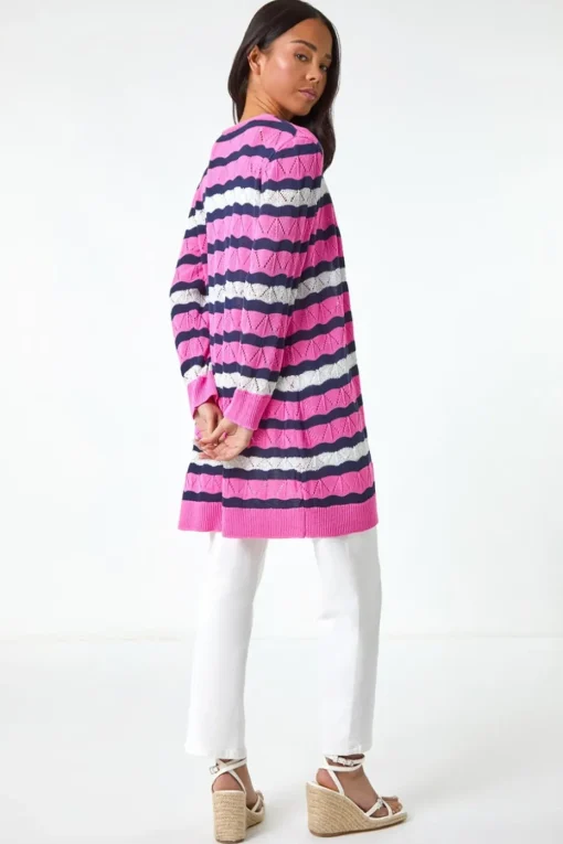 Roman Pink Petite Stripe Pointelle Knit Cardigan