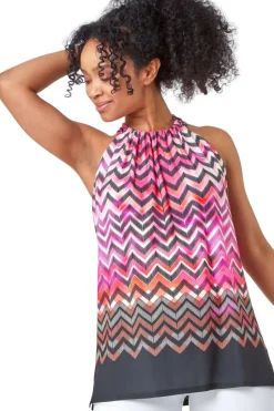 Roman Pink Petite Zig Zag Print Halterneck Top
